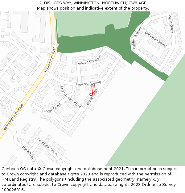 2, BISHOPS WAY, WINNINGTON, NORTHWICH, CW8 4GE: Location map and indicative extent of plot