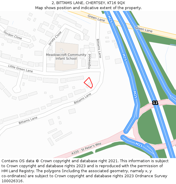 2, BITTAMS LANE, CHERTSEY, KT16 9QX: Location map and indicative extent of plot