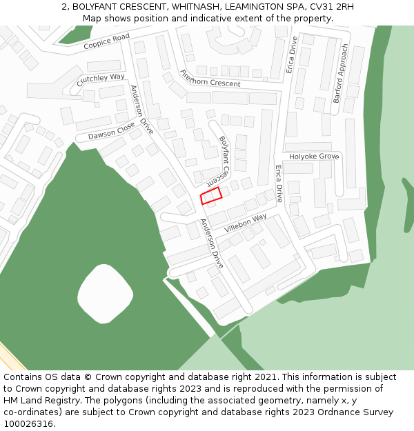 2, BOLYFANT CRESCENT, WHITNASH, LEAMINGTON SPA, CV31 2RH: Location map and indicative extent of plot