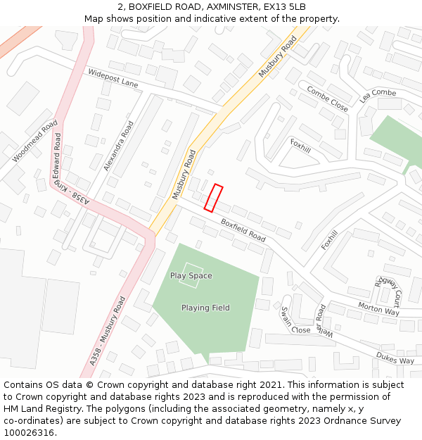 2, BOXFIELD ROAD, AXMINSTER, EX13 5LB: Location map and indicative extent of plot