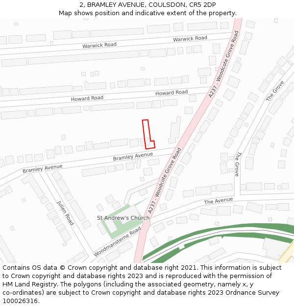 2, BRAMLEY AVENUE, COULSDON, CR5 2DP: Location map and indicative extent of plot