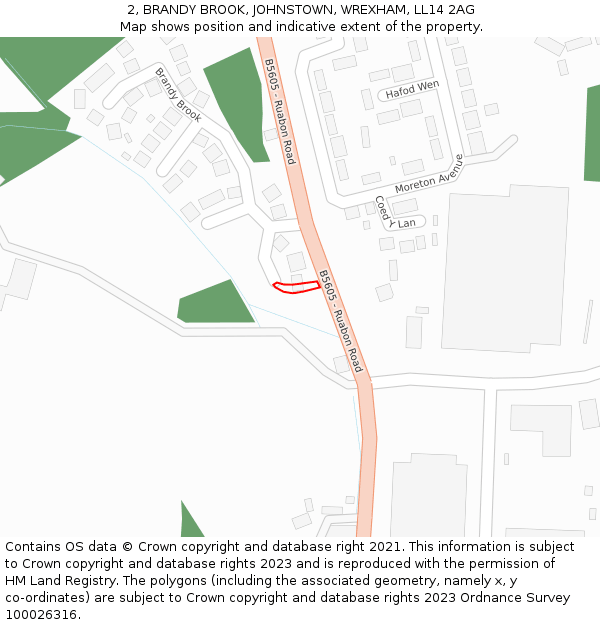2, BRANDY BROOK, JOHNSTOWN, WREXHAM, LL14 2AG: Location map and indicative extent of plot