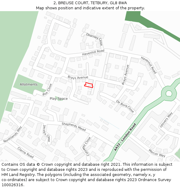 2, BREUSE COURT, TETBURY, GL8 8WA: Location map and indicative extent of plot