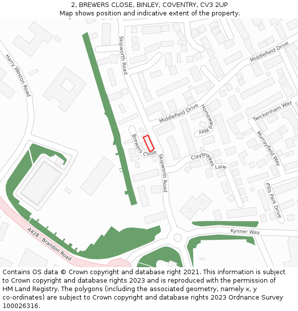 2, BREWERS CLOSE, BINLEY, COVENTRY, CV3 2UP: Location map and indicative extent of plot