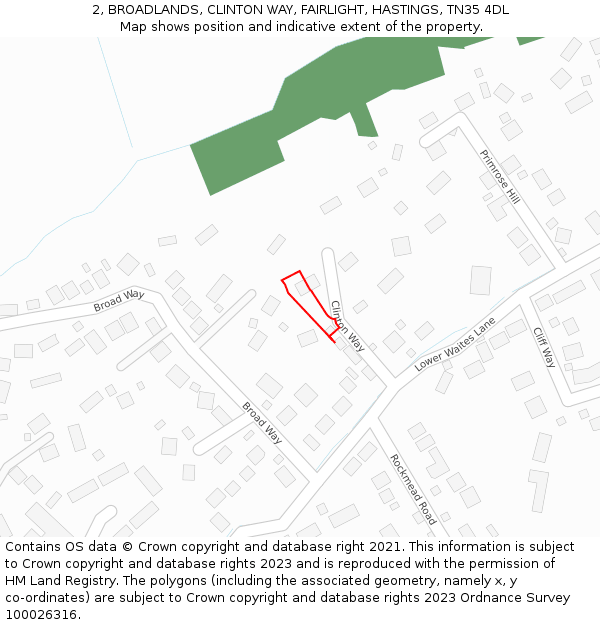 2, BROADLANDS, CLINTON WAY, FAIRLIGHT, HASTINGS, TN35 4DL: Location map and indicative extent of plot