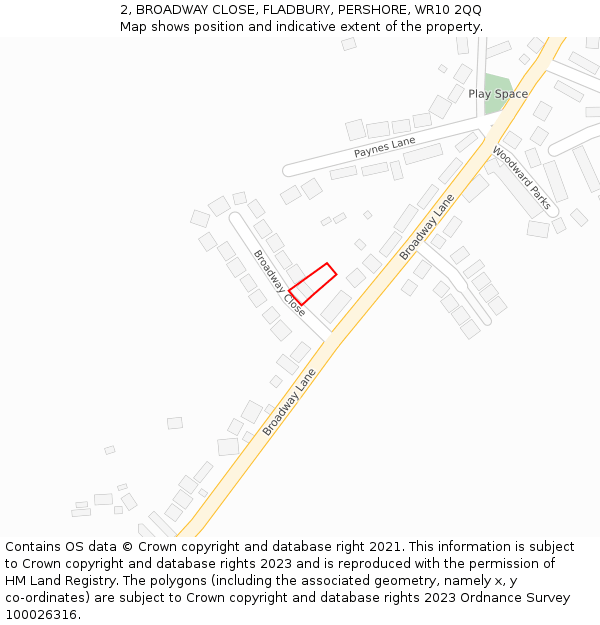 2, BROADWAY CLOSE, FLADBURY, PERSHORE, WR10 2QQ: Location map and indicative extent of plot