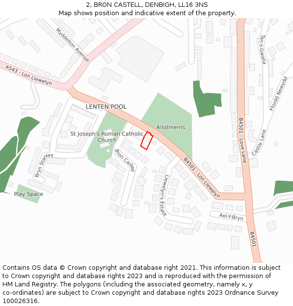 2, BRON CASTELL, DENBIGH, LL16 3NS: Location map and indicative extent of plot