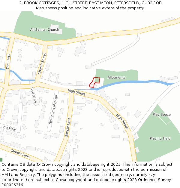 2, BROOK COTTAGES, HIGH STREET, EAST MEON, PETERSFIELD, GU32 1QB: Location map and indicative extent of plot