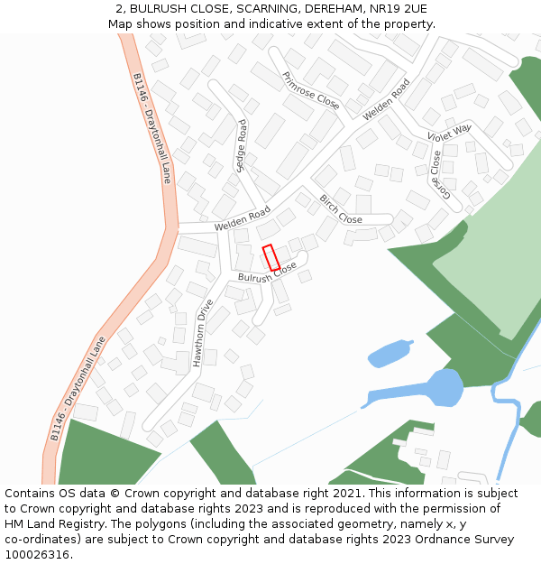 2, BULRUSH CLOSE, SCARNING, DEREHAM, NR19 2UE: Location map and indicative extent of plot