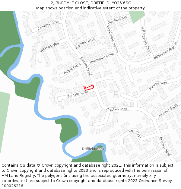 2, BURDALE CLOSE, DRIFFIELD, YO25 6SG: Location map and indicative extent of plot