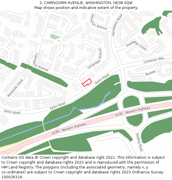 2, CAIRNGORM AVENUE, WASHINGTON, NE38 0QW: Location map and indicative extent of plot