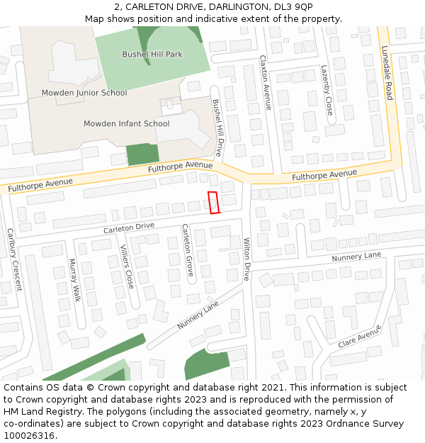 2, CARLETON DRIVE, DARLINGTON, DL3 9QP: Location map and indicative extent of plot