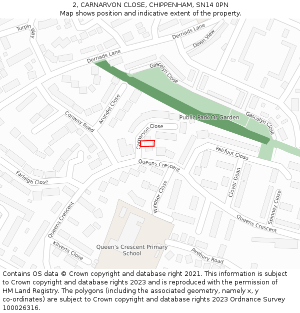 2, CARNARVON CLOSE, CHIPPENHAM, SN14 0PN: Location map and indicative extent of plot