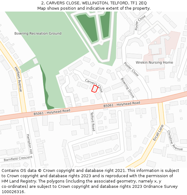 2, CARVERS CLOSE, WELLINGTON, TELFORD, TF1 2EQ: Location map and indicative extent of plot