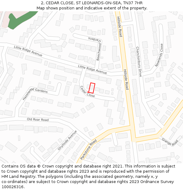 2, CEDAR CLOSE, ST LEONARDS-ON-SEA, TN37 7HR: Location map and indicative extent of plot