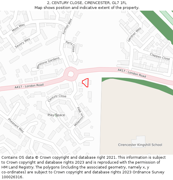 2, CENTURY CLOSE, CIRENCESTER, GL7 1FL: Location map and indicative extent of plot