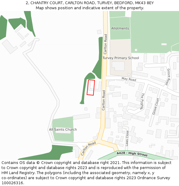 2, CHANTRY COURT, CARLTON ROAD, TURVEY, BEDFORD, MK43 8EY: Location map and indicative extent of plot