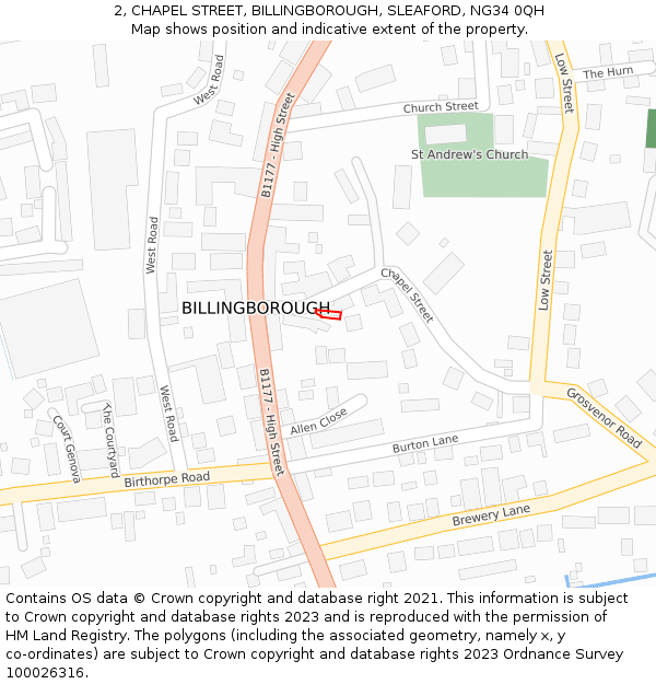 2, CHAPEL STREET, BILLINGBOROUGH, SLEAFORD, NG34 0QH: Location map and indicative extent of plot