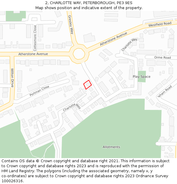 2, CHARLOTTE WAY, PETERBOROUGH, PE3 9ES: Location map and indicative extent of plot
