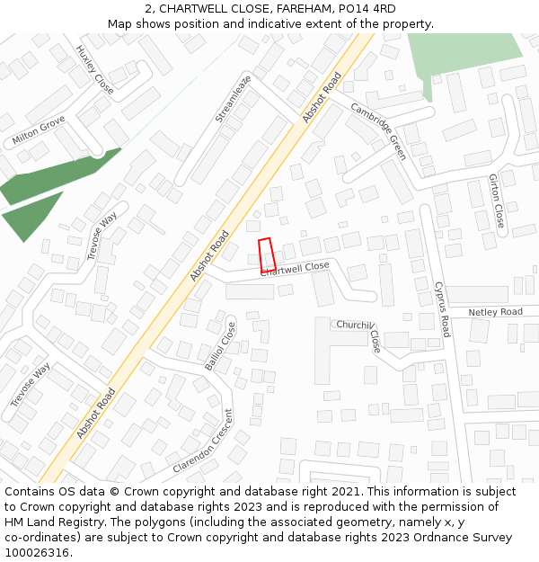 2, CHARTWELL CLOSE, FAREHAM, PO14 4RD: Location map and indicative extent of plot