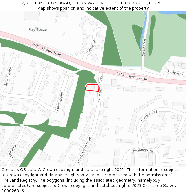 2, CHERRY ORTON ROAD, ORTON WATERVILLE, PETERBOROUGH, PE2 5EF: Location map and indicative extent of plot