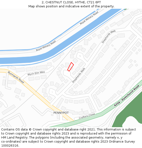 2, CHESTNUT CLOSE, HYTHE, CT21 6PT: Location map and indicative extent of plot