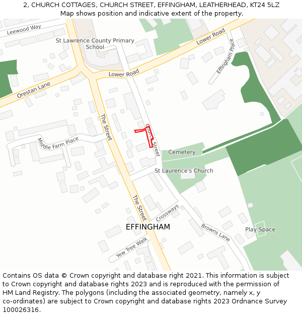 2, CHURCH COTTAGES, CHURCH STREET, EFFINGHAM, LEATHERHEAD, KT24 5LZ: Location map and indicative extent of plot