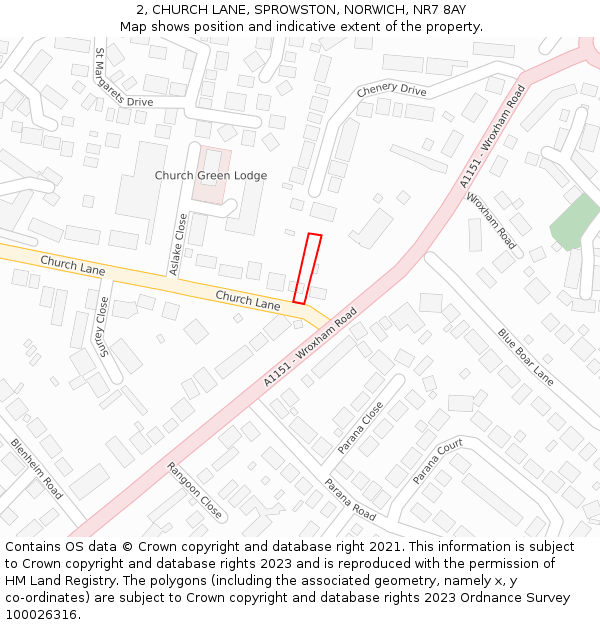 2, CHURCH LANE, SPROWSTON, NORWICH, NR7 8AY: Location map and indicative extent of plot