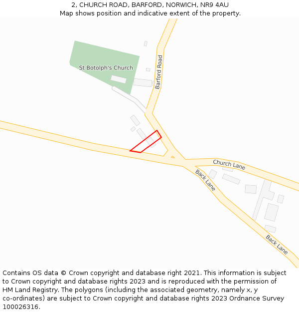 2, CHURCH ROAD, BARFORD, NORWICH, NR9 4AU: Location map and indicative extent of plot