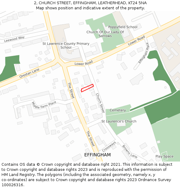 2, CHURCH STREET, EFFINGHAM, LEATHERHEAD, KT24 5NA: Location map and indicative extent of plot