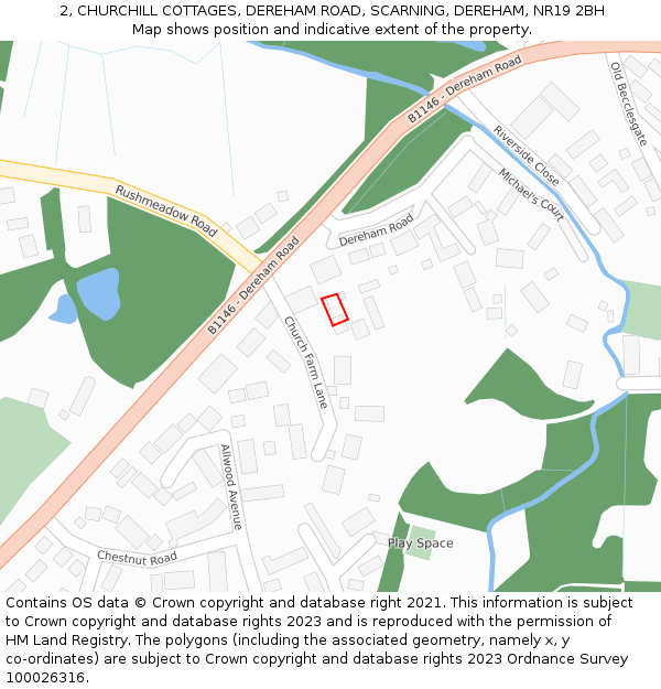 2, CHURCHILL COTTAGES, DEREHAM ROAD, SCARNING, DEREHAM, NR19 2BH: Location map and indicative extent of plot