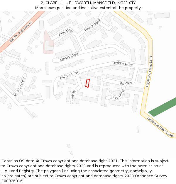 2, CLARE HILL, BLIDWORTH, MANSFIELD, NG21 0TY: Location map and indicative extent of plot