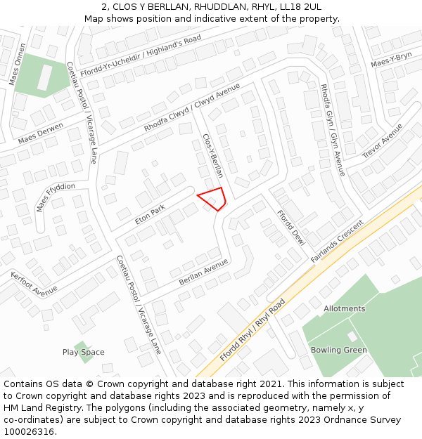 2, CLOS Y BERLLAN, RHUDDLAN, RHYL, LL18 2UL: Location map and indicative extent of plot