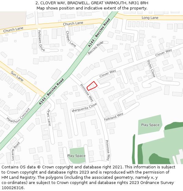 2, CLOVER WAY, BRADWELL, GREAT YARMOUTH, NR31 8RH: Location map and indicative extent of plot
