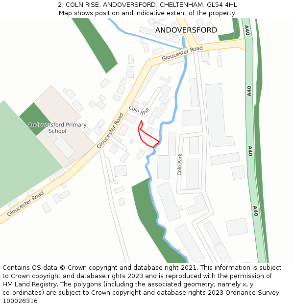 2, COLN RISE, ANDOVERSFORD, CHELTENHAM, GL54 4HL: Location map and indicative extent of plot