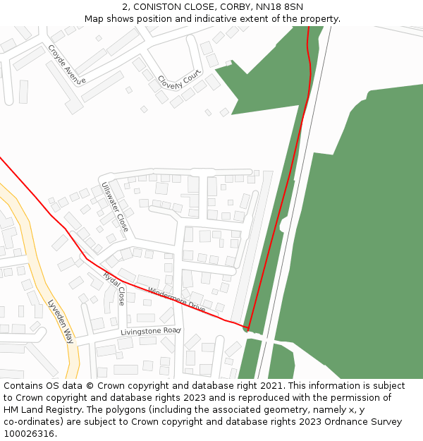 2, CONISTON CLOSE, CORBY, NN18 8SN: Location map and indicative extent of plot