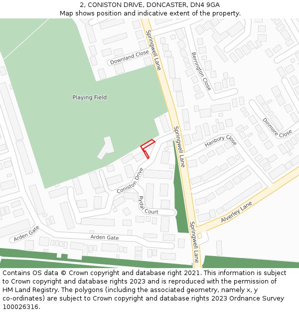 2, CONISTON DRIVE, DONCASTER, DN4 9GA: Location map and indicative extent of plot