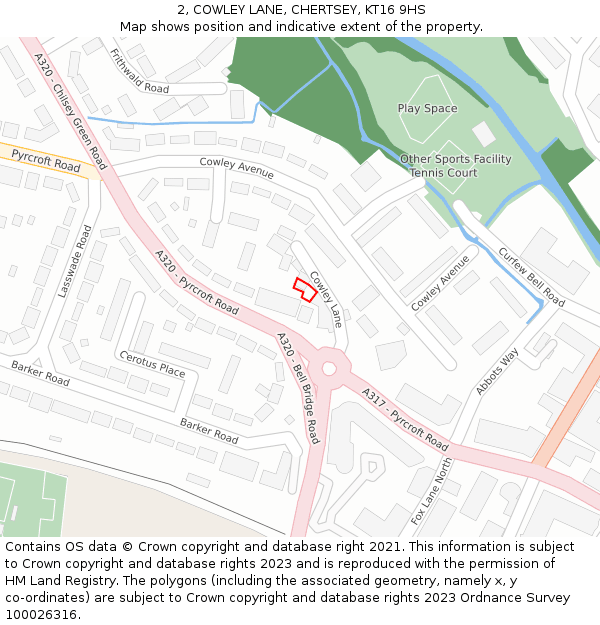 2, COWLEY LANE, CHERTSEY, KT16 9HS: Location map and indicative extent of plot