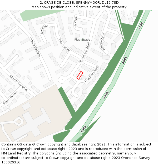 2, CRAGSIDE CLOSE, SPENNYMOOR, DL16 7SD: Location map and indicative extent of plot
