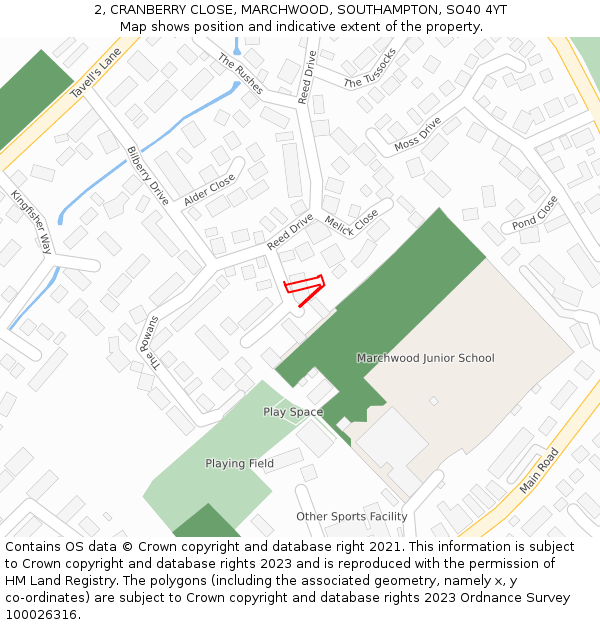 2, CRANBERRY CLOSE, MARCHWOOD, SOUTHAMPTON, SO40 4YT: Location map and indicative extent of plot