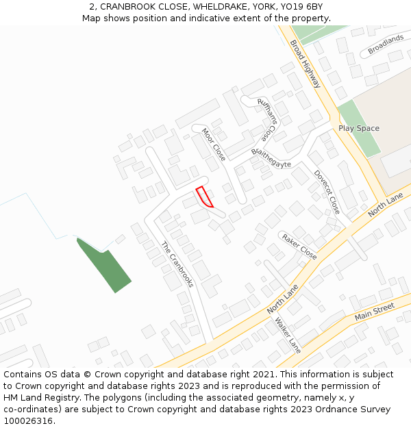 2, CRANBROOK CLOSE, WHELDRAKE, YORK, YO19 6BY: Location map and indicative extent of plot