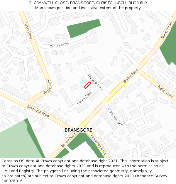 2, CRANWELL CLOSE, BRANSGORE, CHRISTCHURCH, BH23 8HY: Location map and indicative extent of plot