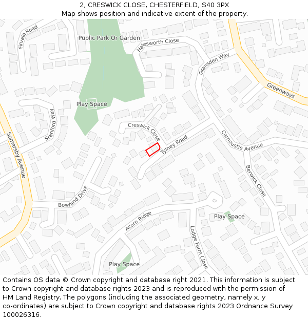 2, CRESWICK CLOSE, CHESTERFIELD, S40 3PX: Location map and indicative extent of plot