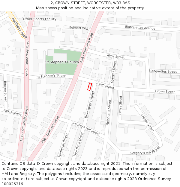 2, CROWN STREET, WORCESTER, WR3 8AS: Location map and indicative extent of plot