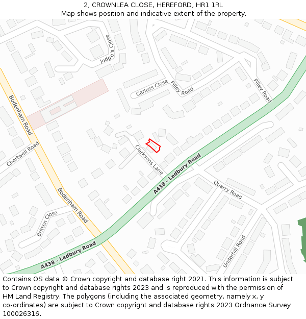 2, CROWNLEA CLOSE, HEREFORD, HR1 1RL: Location map and indicative extent of plot