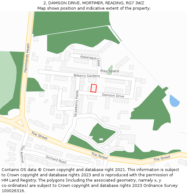 2, DAMSON DRIVE, MORTIMER, READING, RG7 3WZ: Location map and indicative extent of plot