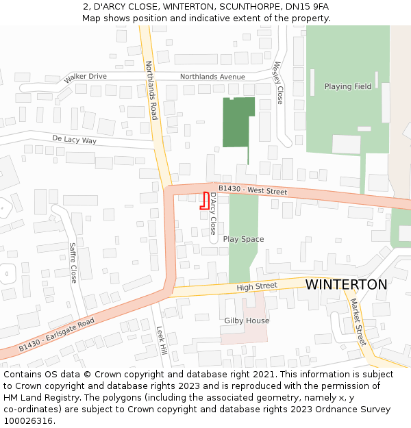 2, D'ARCY CLOSE, WINTERTON, SCUNTHORPE, DN15 9FA: Location map and indicative extent of plot