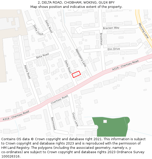 2, DELTA ROAD, CHOBHAM, WOKING, GU24 8PY: Location map and indicative extent of plot