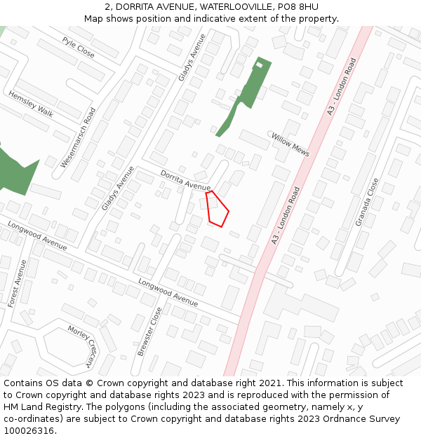 2, DORRITA AVENUE, WATERLOOVILLE, PO8 8HU: Location map and indicative extent of plot