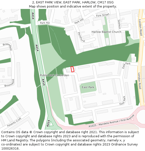 2, EAST PARK VIEW, EAST PARK, HARLOW, CM17 0SG: Location map and indicative extent of plot